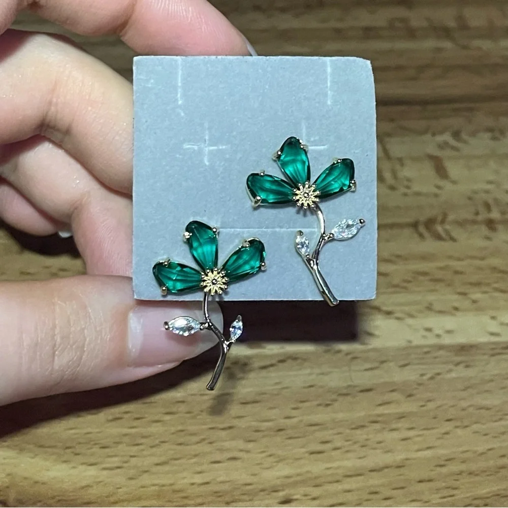 Green Flower Stem Women Earrings 14K Gold Plated